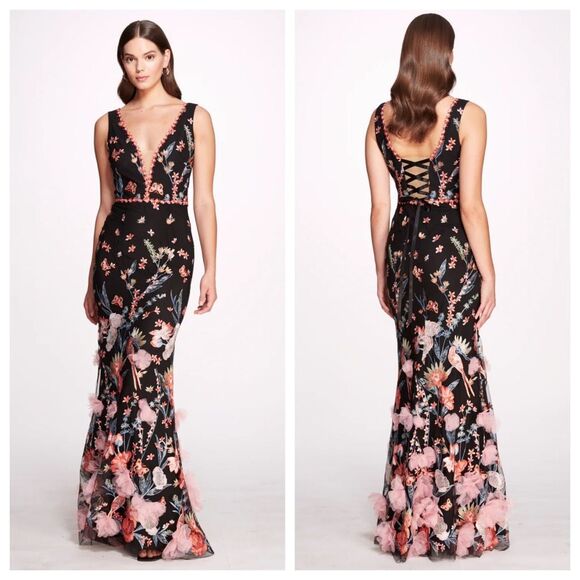 Marchesa Notte Butterfly Murmuring Apliqué Gown Deep V-Neck Embroidered Tulle Go - Picture 1 of 14